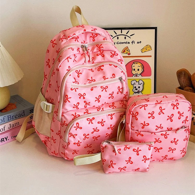 3 Pcs/Set Cute girl Large Capacity Backpack Bow Print Nylon Schoolbag Adjustable Strap Women daily Campus Backpack