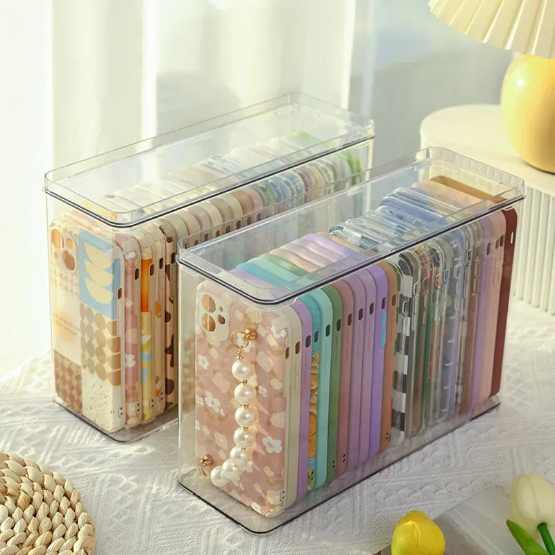 Ins Transparent Phone Case Organizer Storage Box with Cover Home Desktop Acrylic Sundries Storage Basket Phone Case Holder