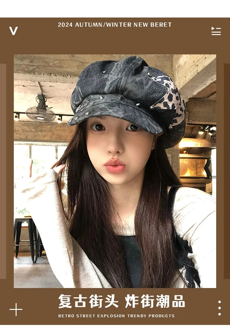 American Punk Style Rivet Star Design Octagonal Hats for Women Spring and Autumn Casual Versatile Retro Washed Denim Berets Cap