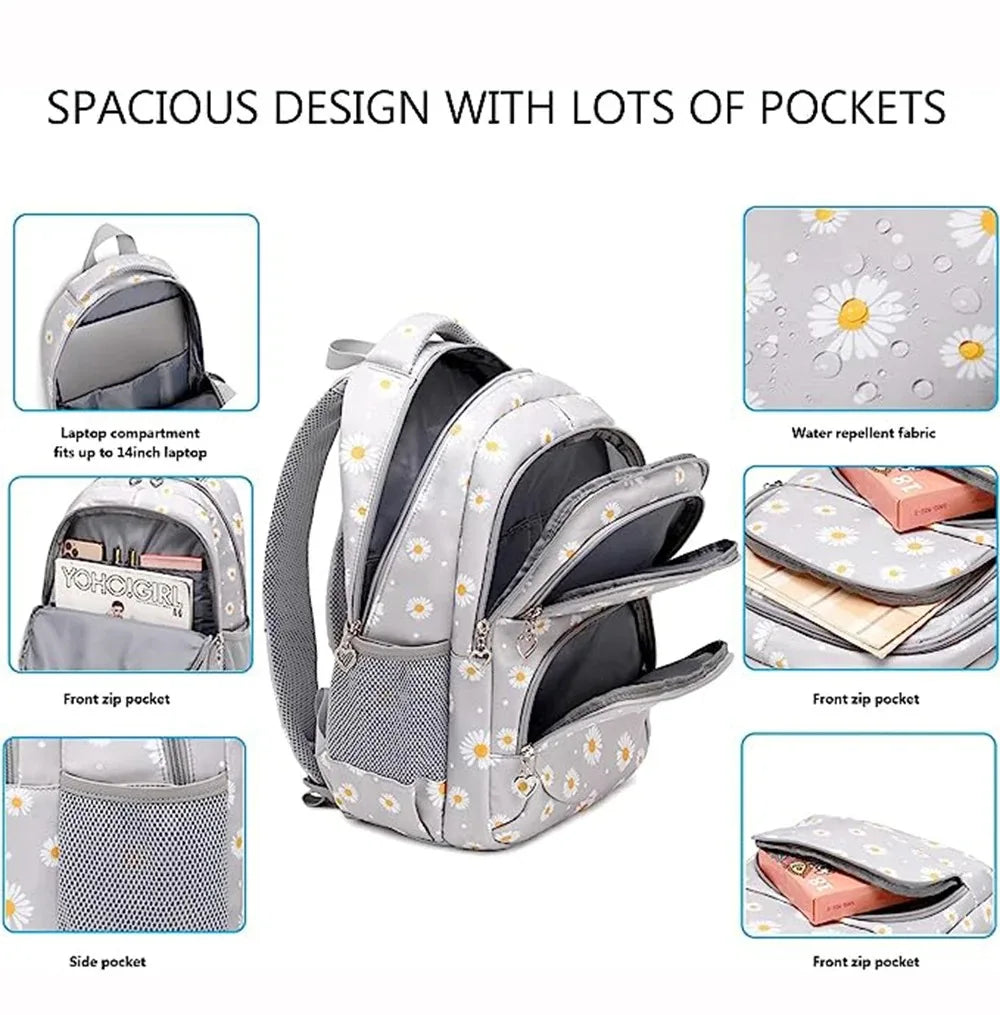 Daisy Pattern School Bag Backpack Pencil Case Handbag Three Piece Set Nylon Fabric Waterproof Boys Girl Teenagers Trend Backpack