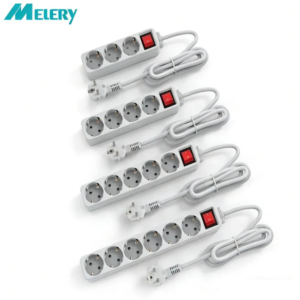 Melery Power Strip Surge Protector 3/4/5/6 AC EU Electrical Plug Outlet Socket Lead Extension Adapter Extenstion Cord Cable 1.5m