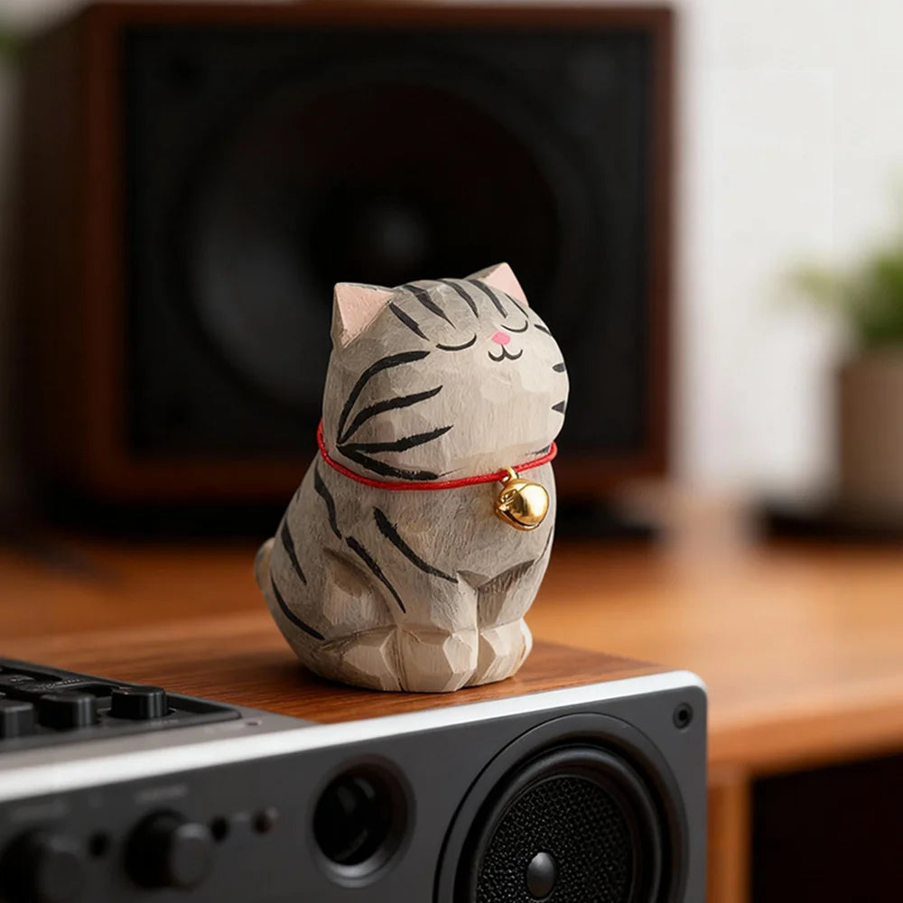 Cute Cat Animals Figurine Decorative Wooden  Ornament Kitten Statue Calico Golden gradient cat Home Office Desk Car Decor Gift