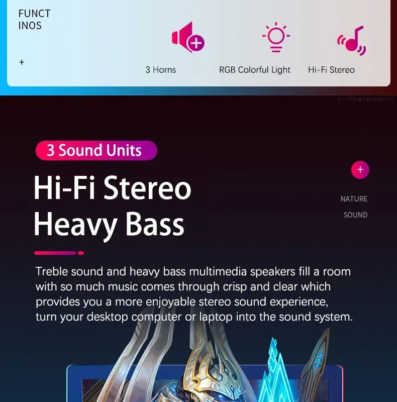 3D Hifi Stereo USB Active Bluetooth Speaker Computer Multimedia RGB Subwoofer AUX, USB, TF Suitable for TV, Computer Audio
