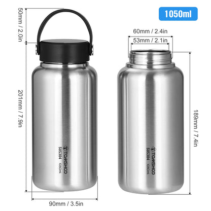 TOMSHOO 1.05L Stainless Steel Water Bottle Leak Proof Sports Bottle W 750ml Water Cup Coffee Mug Hanging Pot for Outdoor Camping
