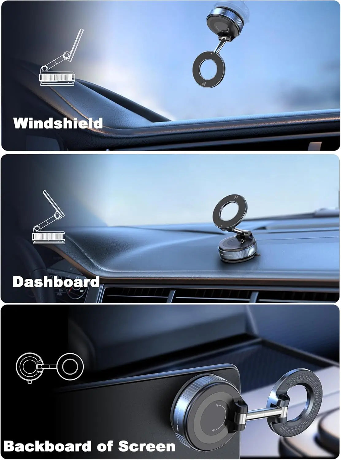 Strong Magnetic Vacuum Car Phone Holder Foldable 360° Adjustable Universal Mount for Car Dashboard Desk Bathroom & More ﻿