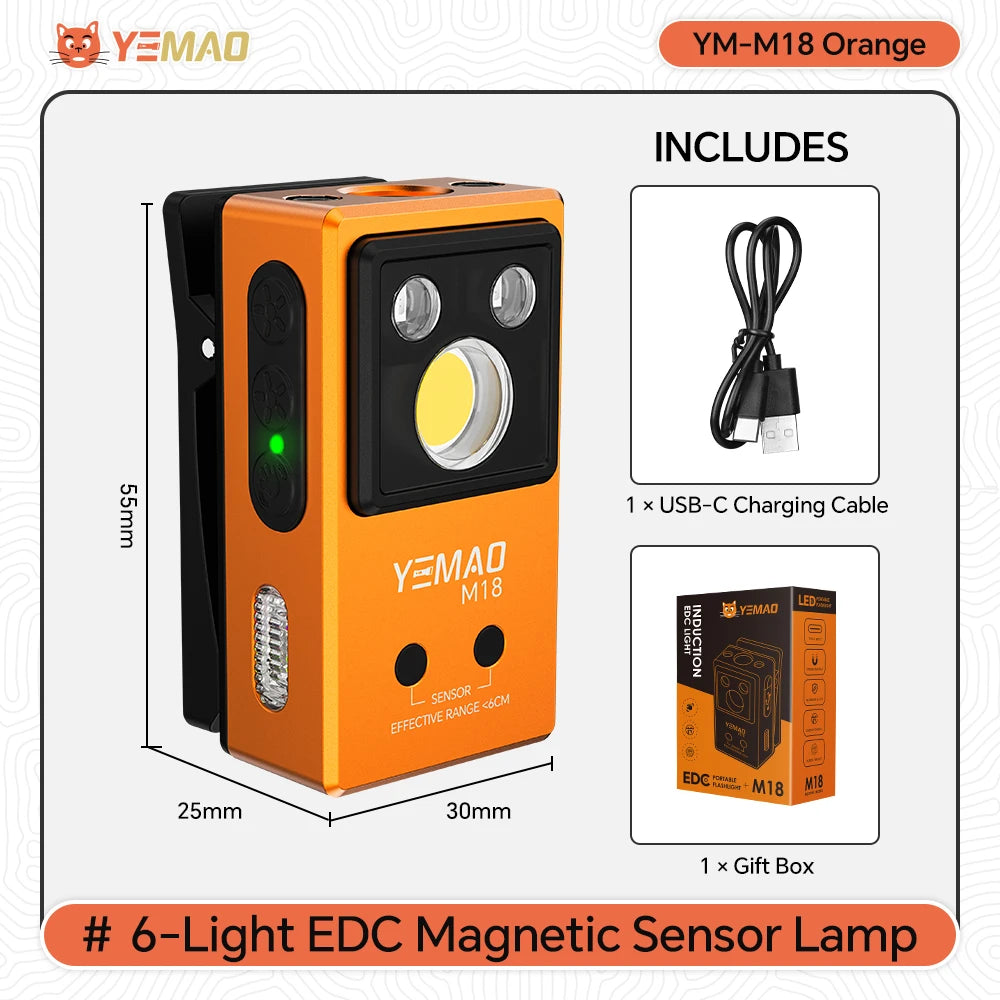 YEMAO M18 270LM Clip Pocket Flashlight 7 Color RGB Built-in 500mAh Battery Rechargeable 6 Light EDC Magnetic Sensor Lamp UVLight
