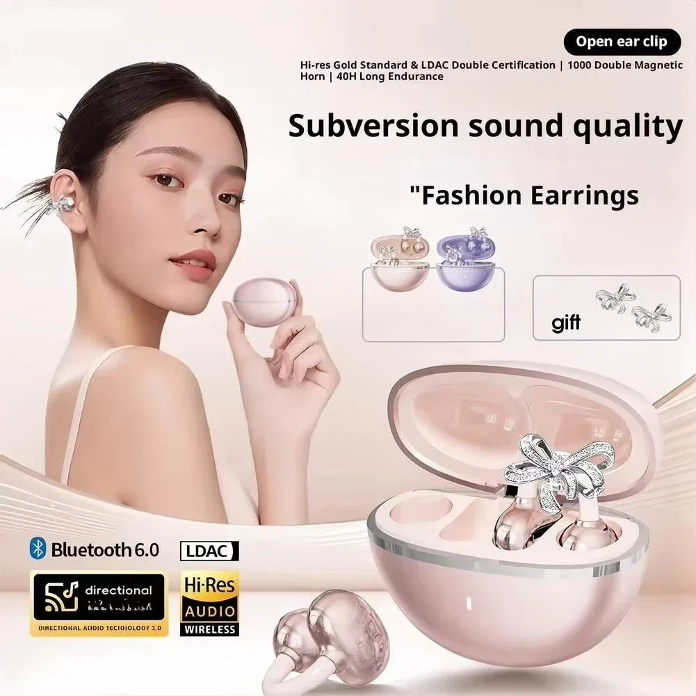 Vivo Clip-on Earbuds Wireless Bluetooth Open Ear Headphones with Detachable Crystal Bowknot Earrings For Sports Fitness Workouts