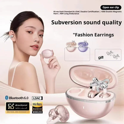 Vivo Clip-on Earbuds Wireless Bluetooth Open Ear Headphones with Detachable Crystal Bowknot Earrings For Sports Fitness Workouts
