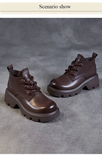 DRKANOL Luxury Design Genuine Leather Ankle Boots For Women Platform Casual Short Boots Women Winter Thick High Heel Warm Shoes