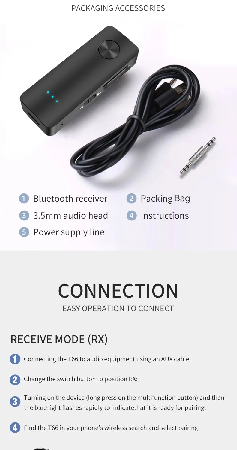 2-In-1 Wireless Audio Adapter Bluetooth 5.3 Receiver Transmitter 3.5mm Jack AUX Lossless Sound MIC For Car Speaker TV PC