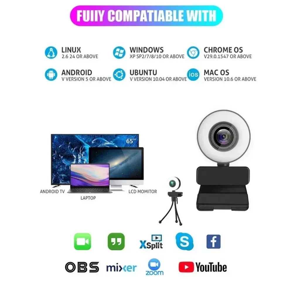 4K Webcam Mini Camera Full HD Webcam With Ring Fill Light Microphone USB Live Broadcast For Youtube PC Laptop Video Shooting