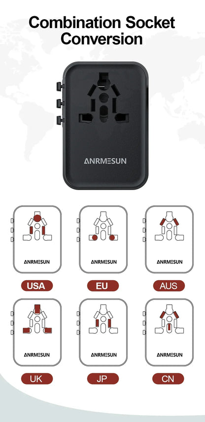 Global Universal Conversion Travel Plug 2 Type-C Sockets EU US AC Power Travel Adapter PD 65w 45w 25w Travel Plug Fast Charging