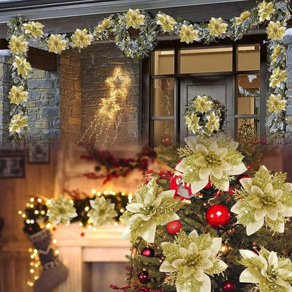 10/1Pc Christmas Glitter Artificial Flowers DIY Christmas Tree Hanging Ornaments Fake Flower For Xmas New Year Party Decor Gifts