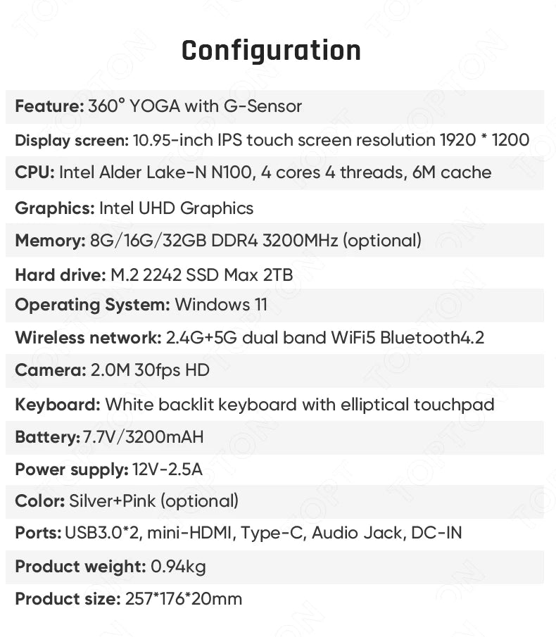 Topton L20 360° YOGA Intel N100 Laptop 10.95 inch IPS Touch Book Max 32G DDR4 2T SSD Portable Office Notebook Mini PC Tablet