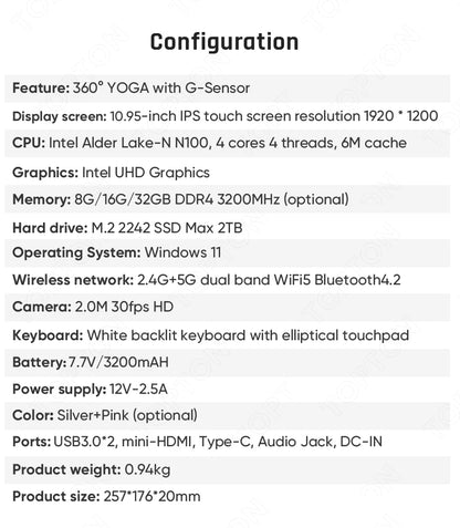 Topton L20 360° YOGA Intel N100 Laptop 10.95 inch IPS Touch Book Max 32G DDR4 2T SSD Portable Office Notebook Mini PC Tablet
