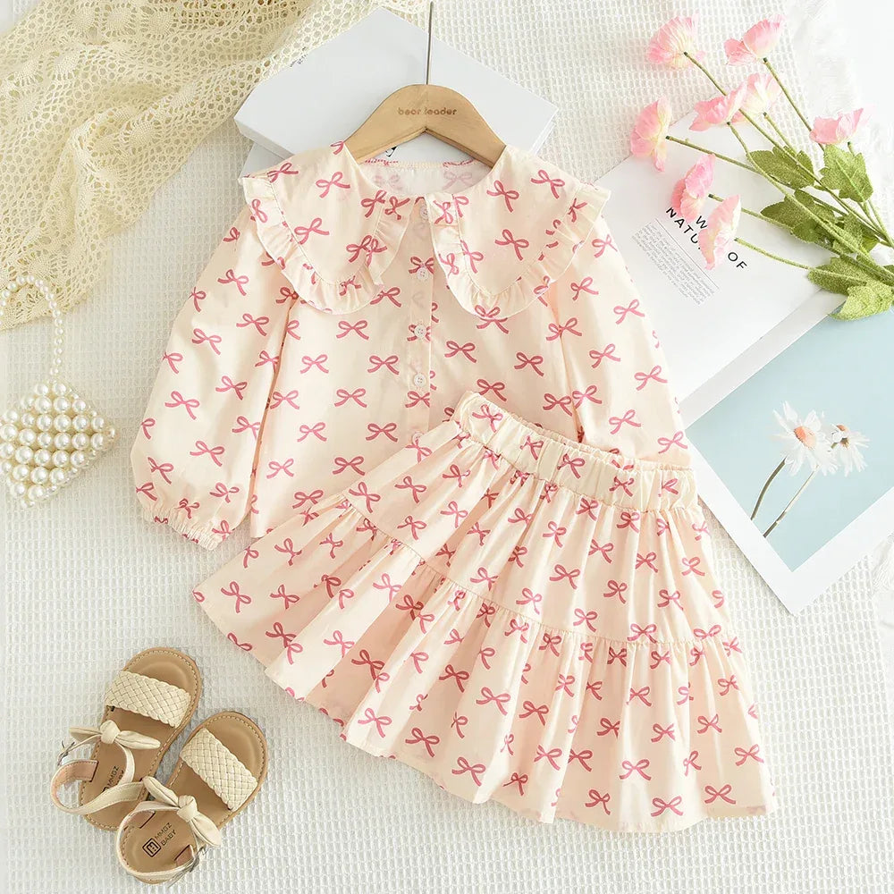 Bear Leader Girls Clothing Autumn Doll Collar Shirt and Cute Bow Print Skirt Sets Clothes Children's Sweet Costumes 100%Cotton