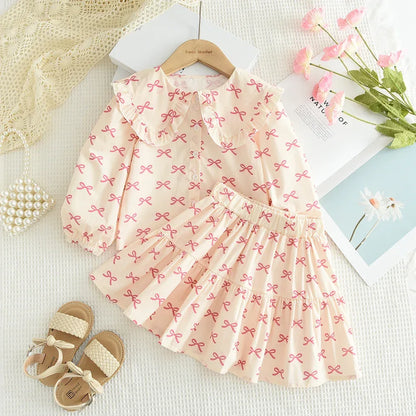 Bear Leader Girls Clothing Autumn Doll Collar Shirt and Cute Bow Print Skirt Sets Clothes Children's Sweet Costumes 100%Cotton