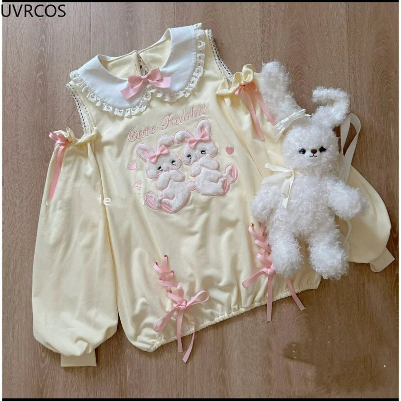 Japanese Sweet Lolita 2 Piece Sets Women Cute Bow Cartoon Bunny Off Shoulder T-shirts Pink Cake Mini Skirts Kawaii Y2k Outfits