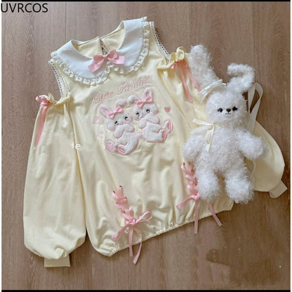 Japanese Sweet Lolita 2 Piece Sets Women Cute Bow Cartoon Bunny Off Shoulder T-shirts Pink Cake Mini Skirts Kawaii Y2k Outfits