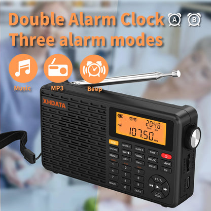 XHDATA D-109WB AM FM Stereo SW MW LW Digital Alarm Clock Portable Radio With Rechargeable Battery USB-C and Weather Forecast