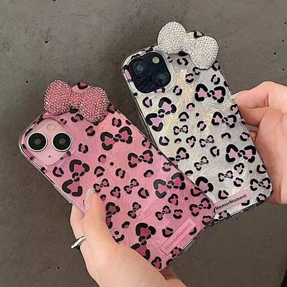 Sexy Leopard Diamond Bowknot Lustre Lining Phone Case for OPPO A18 A17 A16 A15 A38 A58 A78 A94 A74 A54 A57 A77 A53 A3X A40 A60