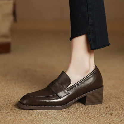 2026 New Spring Genuine Leather Women Shoes Round Toe Women Pumps Brogue Designs Shoes for Women High Heel Loafers Ladies Shoes