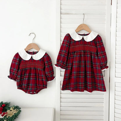 New Year's Party Clothes ﻿Christmas Toddler Kids Baby Girls Clothes Sister Matching Xmas Bodysuit Dress Outfits Red Plaids Sets