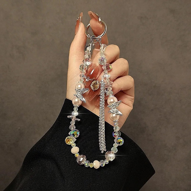 Butterfly Beaded Crystal Flash Drill Tassel Mobile Phone Lanyard Hand Chain Anti-Lost Rope Bag Hanging Accessory