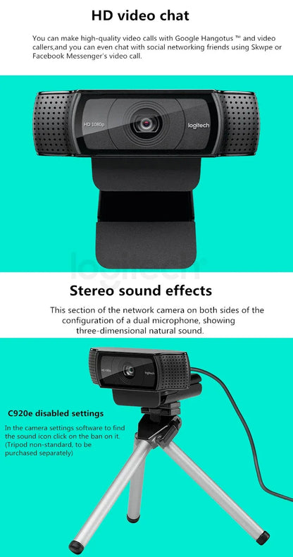 Logitech C920e HD Pro Webcam Widescreen Video Chat Recording USB Smart 1080p Web Camera For Computer C920 Upgrade Version CMOS