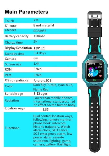 Q19B Children Kids Smart Watch SOS Phone Call Location Tracker Anti-Lost Camera Touch Screen Waterproof Student Wristwatch