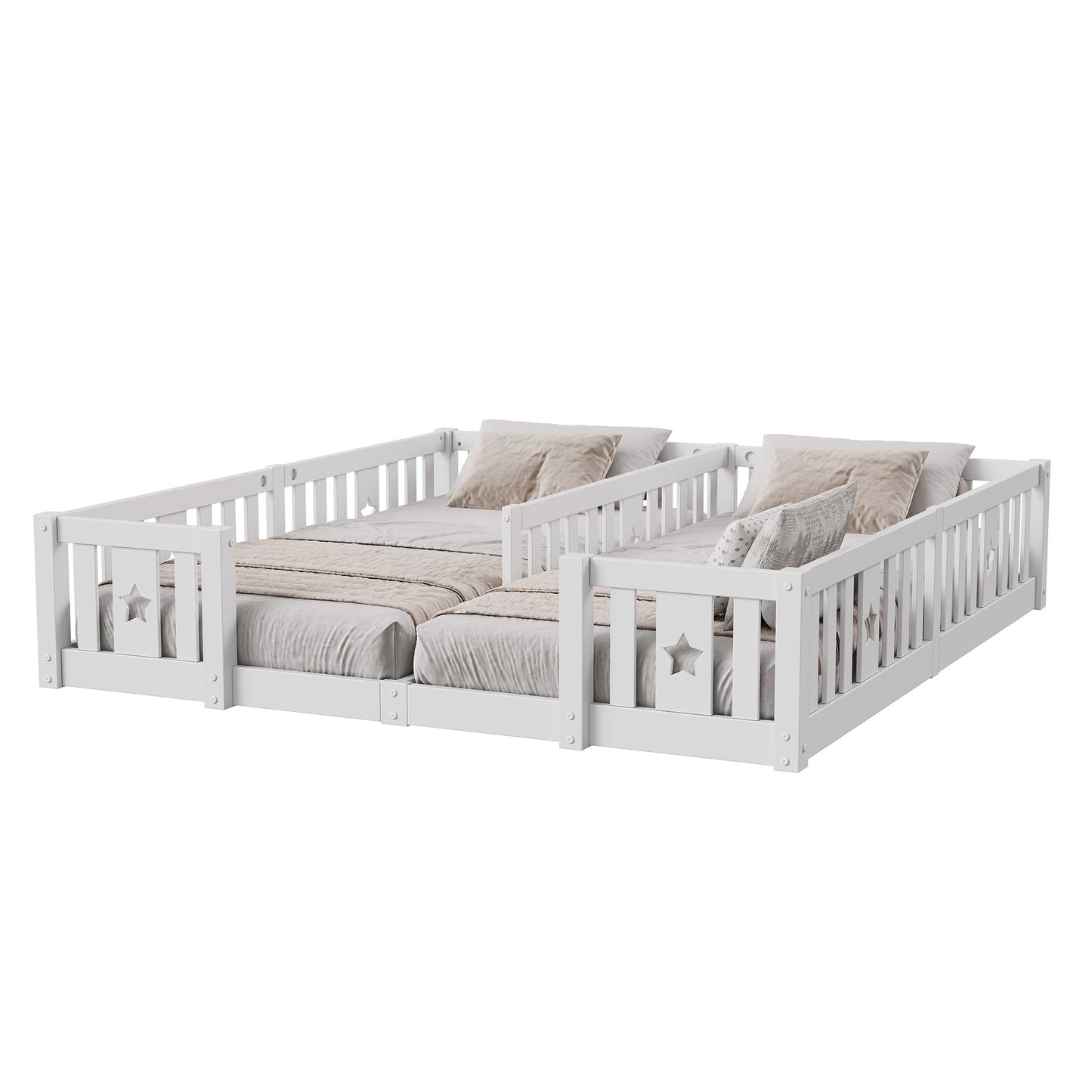 Rosahqnda Children's Bed Floor Bed 90x200cm with Railing Gate,Pine Wooden Bed for Families with 2 Children,Children's Twin Bed