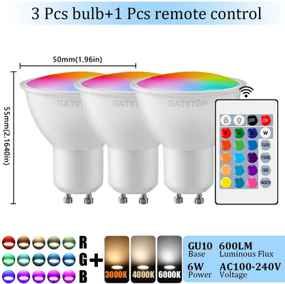 1-10PCS RGB GU10 LED Spotlight Bulb 24 Key Remote Control Dimmable 6W AC220V 110V Colorful Change for Bedroom Living Room Lamp