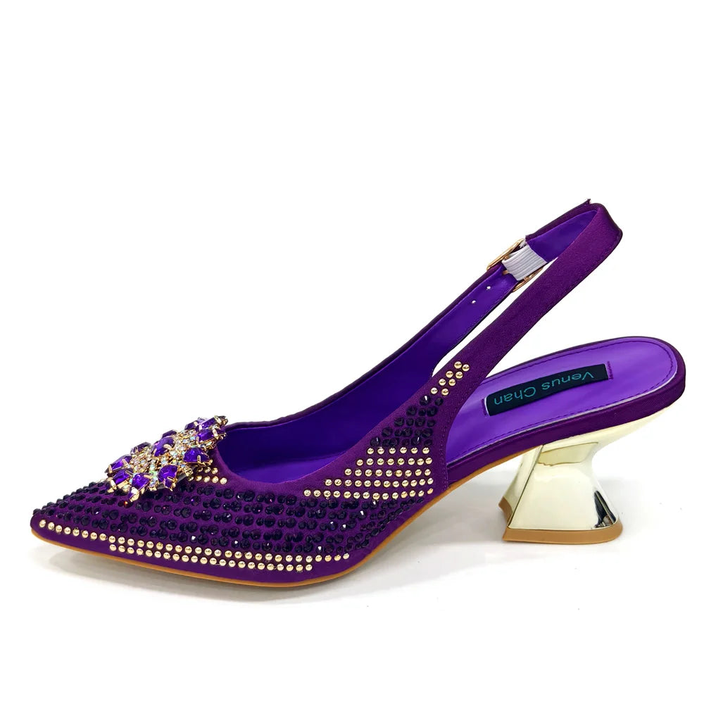 Venus Chan 2024 Summer New Design Specials Italian Women Shoes and Bag Set Fuchsia Color Comfortable High Heels With Rhinestone