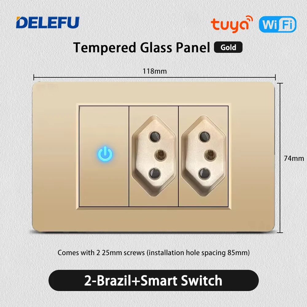 DELEFU Brazil Standard 10A 20A Gold Fireproof PC Panel Dual USB Type C Home Wall Light Switch Safe Power Socket