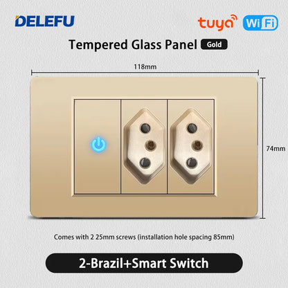 DELEFU Brazil Standard 10A 20A Gold Fireproof PC Panel Dual USB Type C Home Wall Light Switch Safe Power Socket
