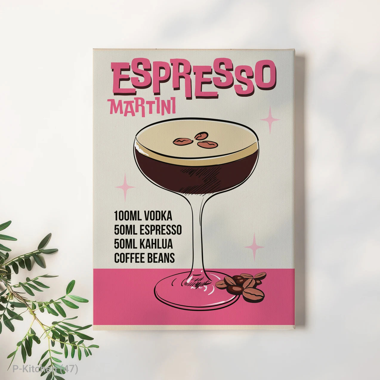 Modern Pop Art Kitchen Decor Cocktail Poster Espresso Martini Recipe Print Pink and Black Canvas Art