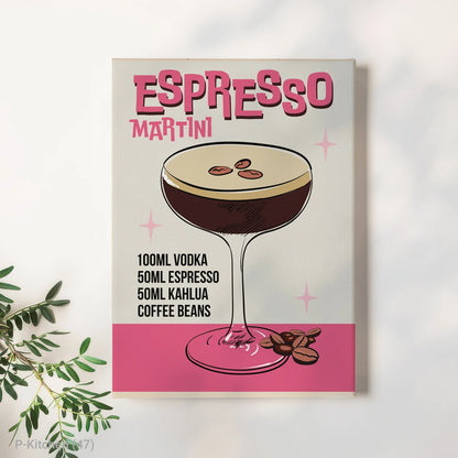 Modern Pop Art Kitchen Decor Cocktail Poster Espresso Martini Recipe Print Pink and Black Canvas Art