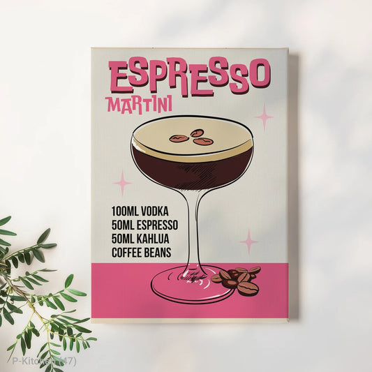 Modern Pop Art Kitchen Decor Cocktail Poster Espresso Martini Recipe Print Pink and Black Canvas Art