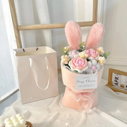 Rabbit Ears Crochet Flower Bouquet Handmade Completed Flower Bouquet with Gift Bag Creative Knit Rose Bouquet for Mother's Day