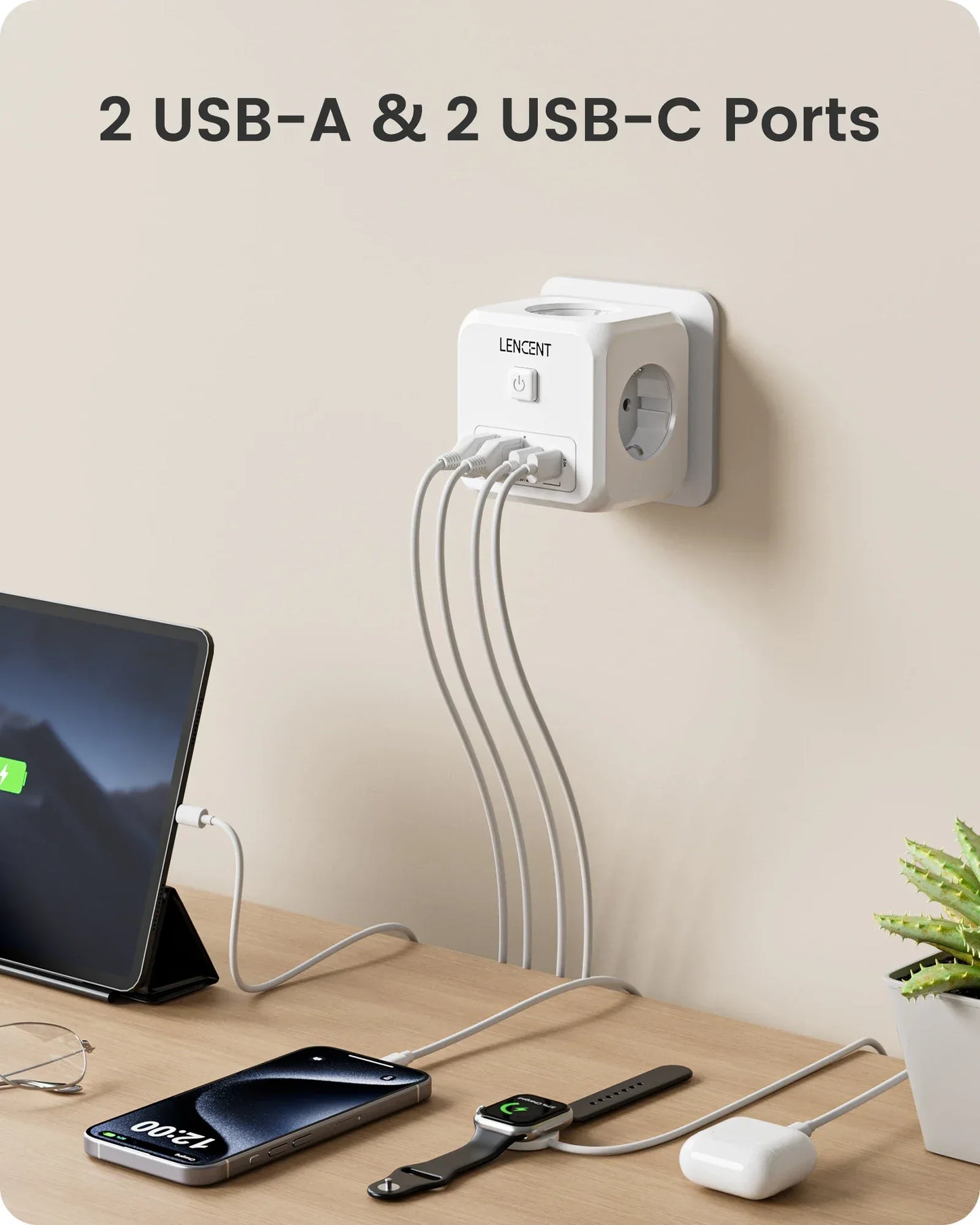 LENCENT Multi USB Wall Socket Cube with 3AC Outlets USB-A and Type C 7-in-1 Power Strip EU Plug Socket On/Off Switch for Home