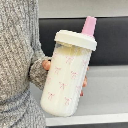 Pink Bow Tumbler Transparent Straw Water Cup Cute Portable Water Bottle For Outdoor School Drinking Water Bottles ﻿