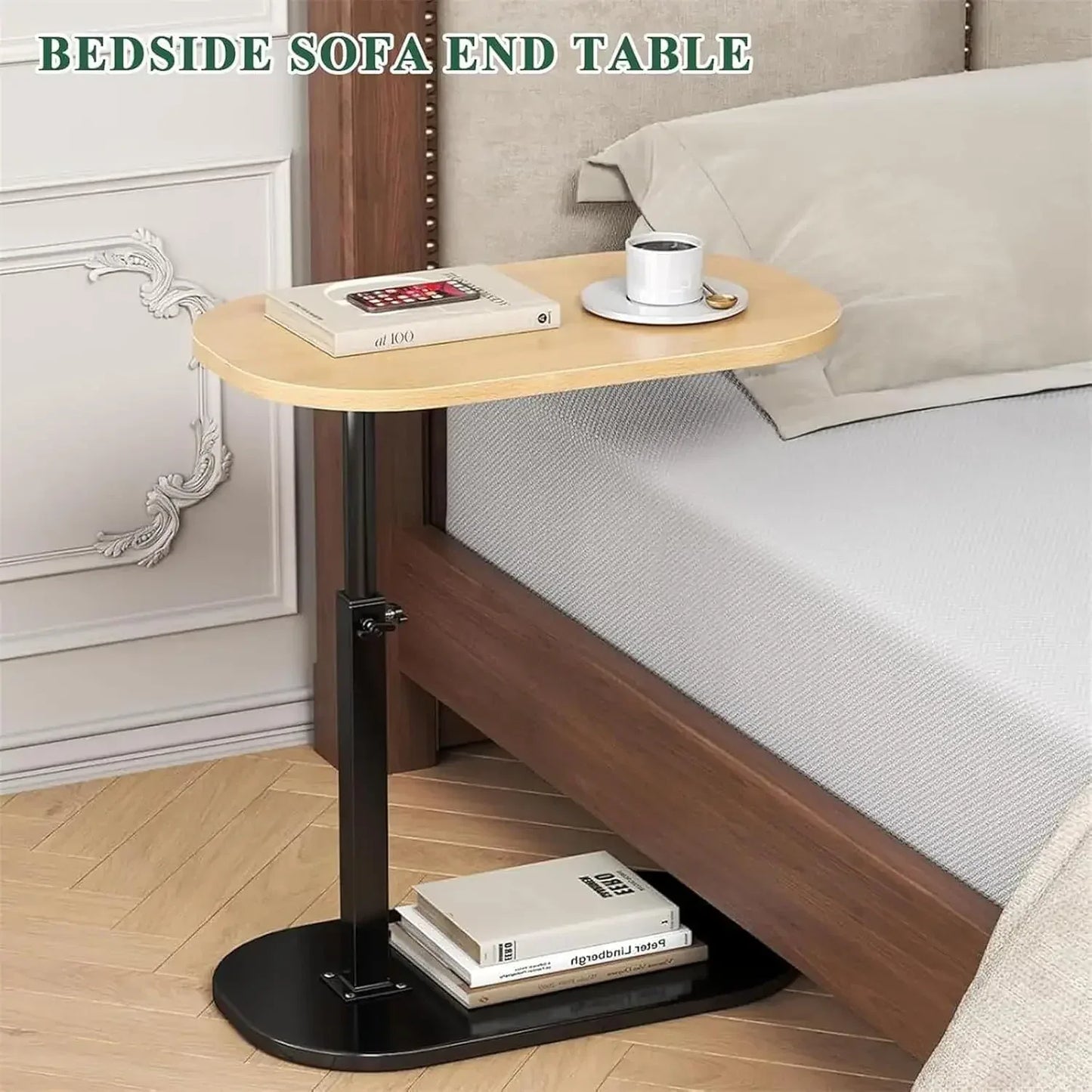 Height Adjustable Coffee Table, C-Shaped Side Table, 360° Swivel and Multi-Angle Tilt for Living Room, Office, Bedroom (Wood)