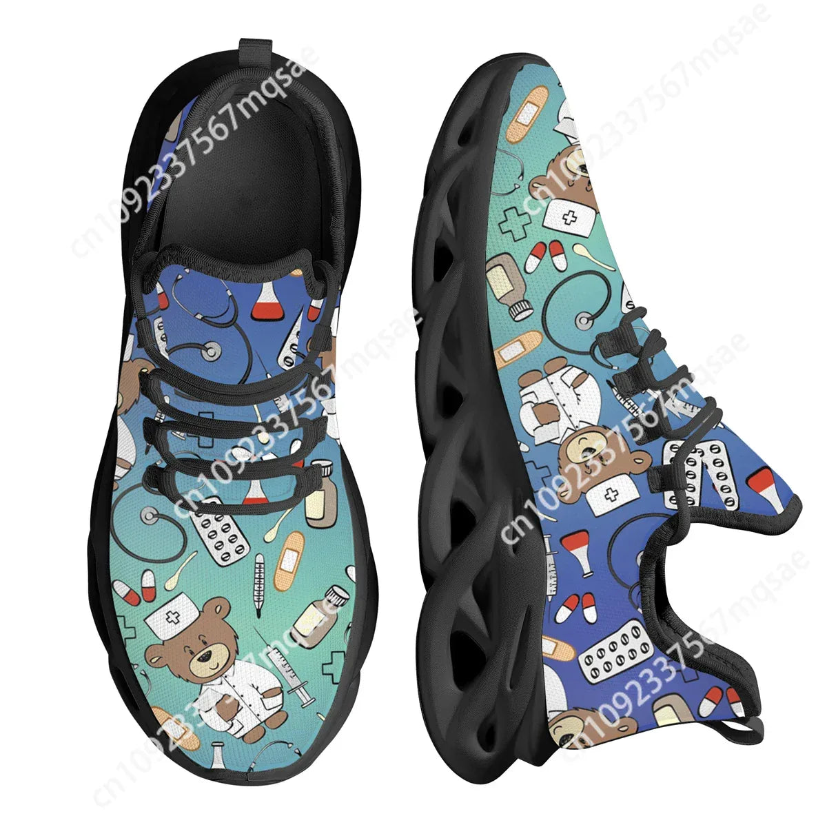 3D Doctor Nurse Dentist Print Flat Shoes Personality Gradient Bear Pattern Sneakers Breathable Lightweight Winter Lace-Up Shoes