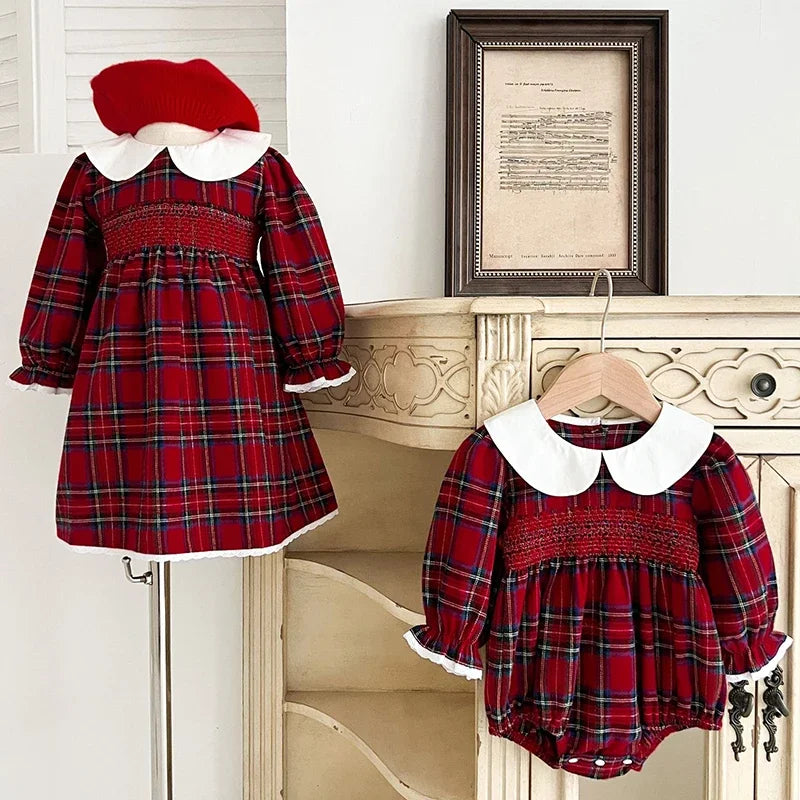 New Year's Party Clothes ﻿Christmas Toddler Kids Baby Girls Clothes Sister Matching Xmas Bodysuit Dress Outfits Red Plaids Sets