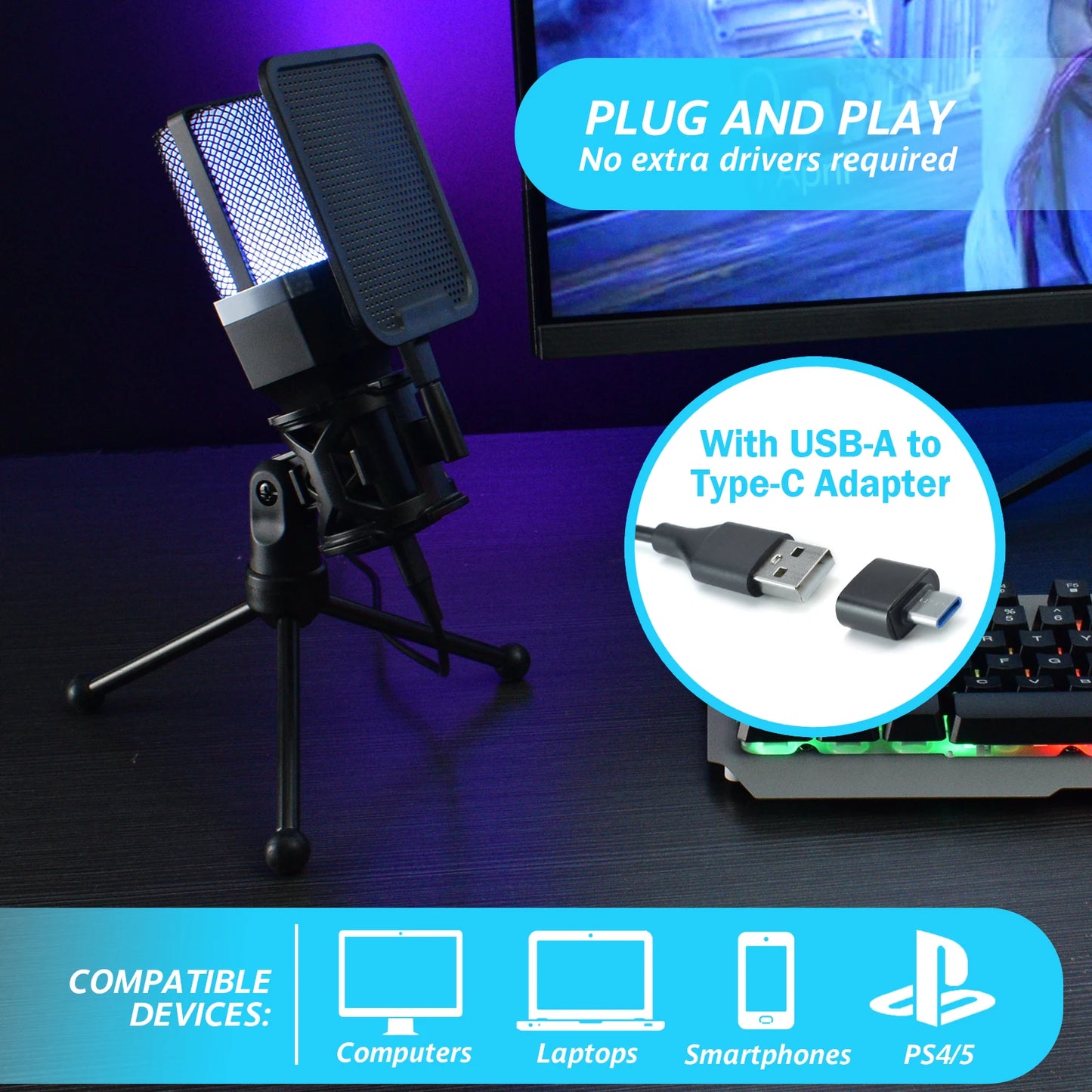 Professional Microphone Condenser Gaming Mic PC Laptop Computer USB Wired Streaming Studio Podcast Mike Kit Gamer RGB PC Karaoke