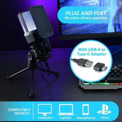Professional Microphone Condenser Gaming Mic PC Laptop Computer USB Wired Streaming Studio Podcast Mike Kit Gamer RGB PC Karaoke
