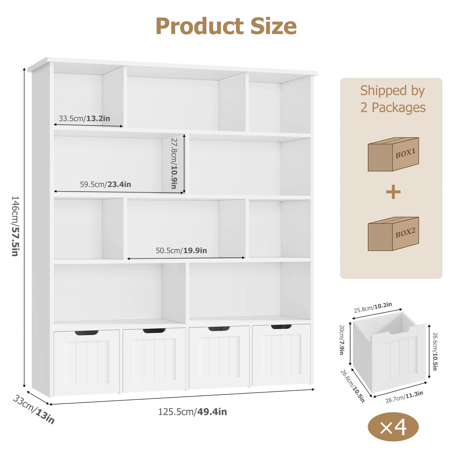 Getone Kids Toy Storage Unit Childrens Bookcase with 4 roller drawers 11 shelves Toy Organiser Kids Bookshelf for Nursery Playroom 125.5x33x146 cm White/ Pink