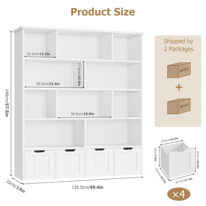 Getone Kids Toy Storage Unit Childrens Bookcase with 4 roller drawers 11 shelves Toy Organiser Kids Bookshelf for Nursery Playroom 125.5x33x146 cm White/ Pink