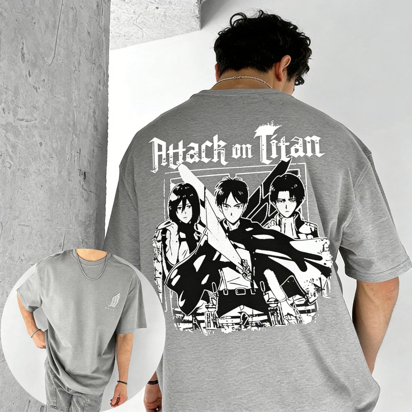 Men's T Shirt Men's Sports T Shirt Men's Short Sleeve T Shirt Attack on Titan Three Warriors with Weapons Dark Background Back