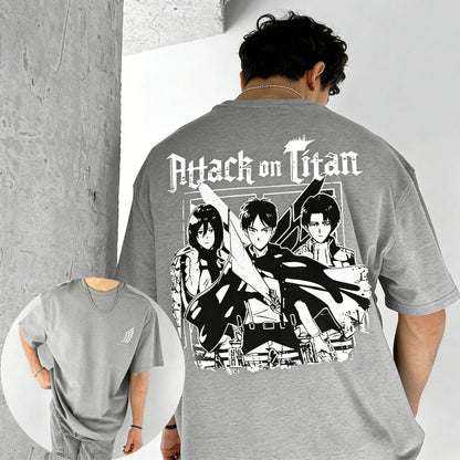 Men's T Shirt Men's Sports T Shirt Men's Short Sleeve T Shirt Attack on Titan Three Warriors with Weapons Dark Background Back